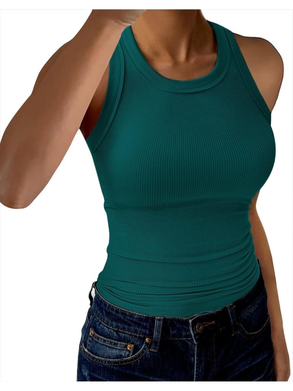 Women's Cyan Tank Tops High Neck Sleeveless Strap Slim Fitted Shirts